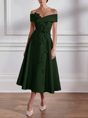 A Line Princess Off The Shoulder Stretch Satin Mother Of The Bride Dresses With 3D Flower Tea Length Floral Sleeveless