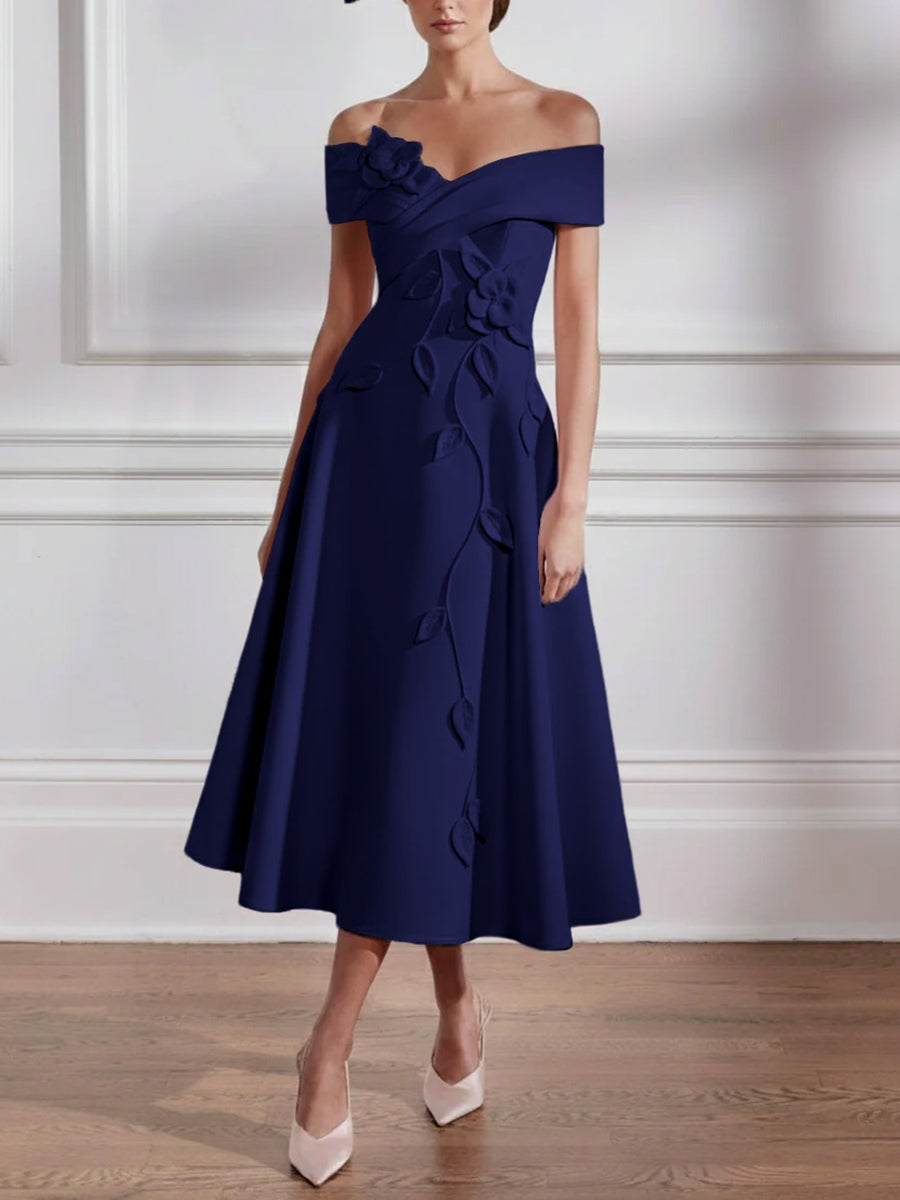 A Line Princess Off The Shoulder Stretch Satin Mother Of The Bride Dresses With 3D Flower Tea Length Floral Sleeveless
