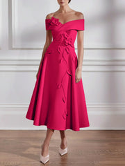 A Line Princess Off The Shoulder Stretch Satin Mother Of The Bride Dresses With 3D Flower Tea Length Floral Sleeveless