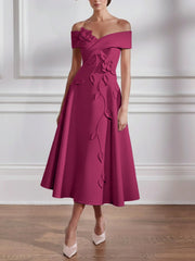 A Line Princess Off The Shoulder Stretch Satin Mother Of The Bride Dresses With 3D Flower Tea Length Floral Sleeveless