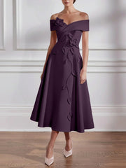 A Line Princess Off The Shoulder Stretch Satin Mother Of The Bride Dresses With 3D Flower Tea Length Floral Sleeveless