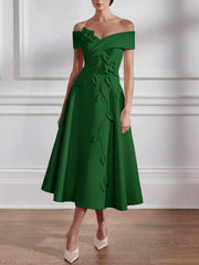 A-Line/Princess Off-the-shoulder Stretch Satin Mother of the Bride Dresses with 3D Flower Tea-Length Floral Sleeveless