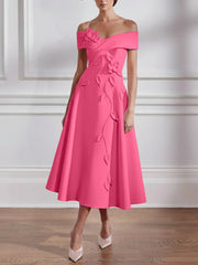 A Line Princess Off The Shoulder Stretch Satin Mother Of The Bride Dresses With 3D Flower Tea Length Floral Sleeveless