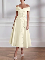 A-Line/Princess Off-the-shoulder Stretch Satin Mother of the Bride Dresses with 3D Flower Tea-Length Floral Sleeveless