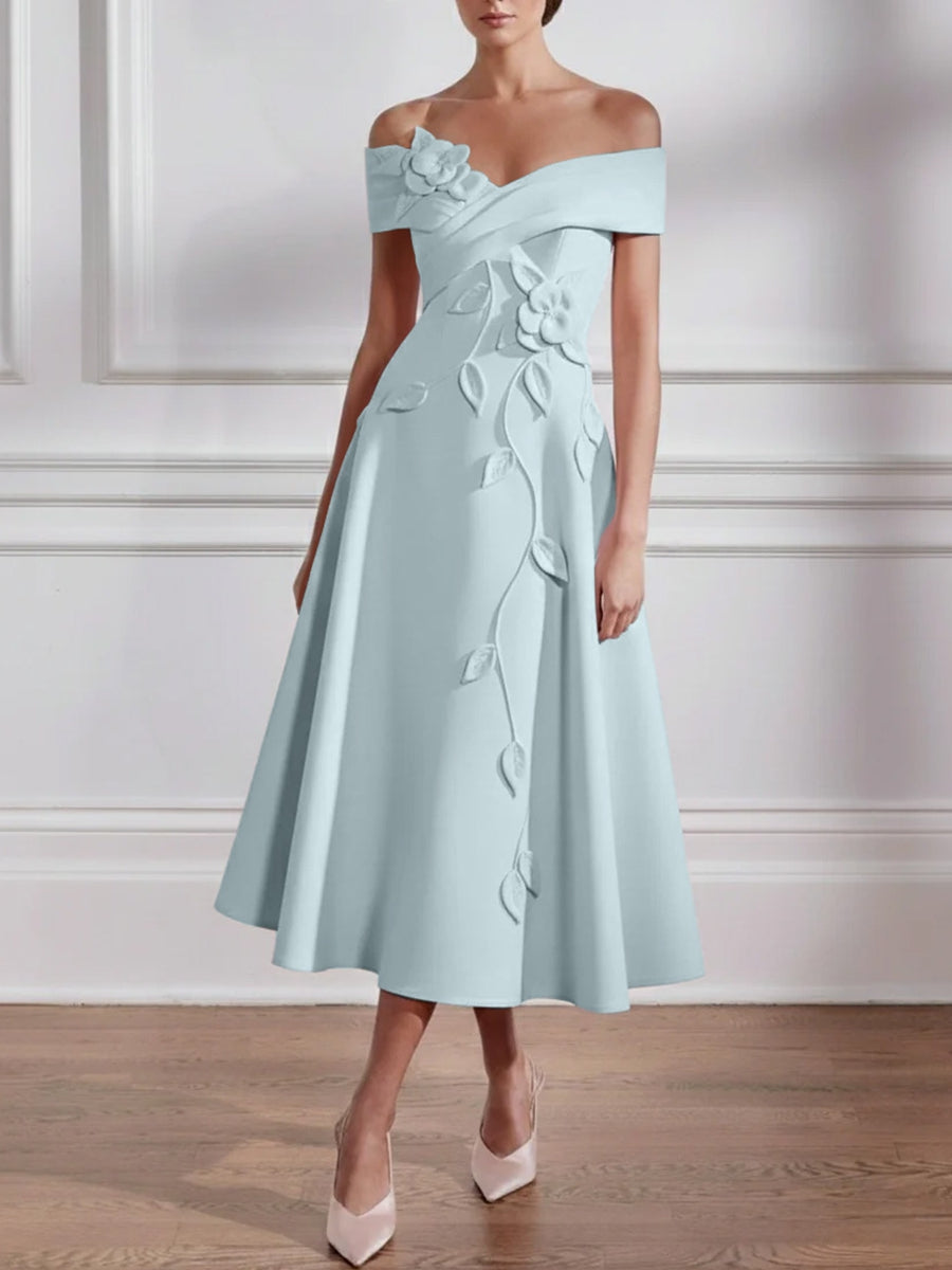 A Line Princess Off The Shoulder Stretch Satin Mother Of The Bride Dresses With 3D Flower Tea Length Floral Sleeveless