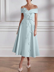 A Line Princess Off The Shoulder Stretch Satin Mother Of The Bride Dresses With 3D Flower Tea Length Floral Sleeveless