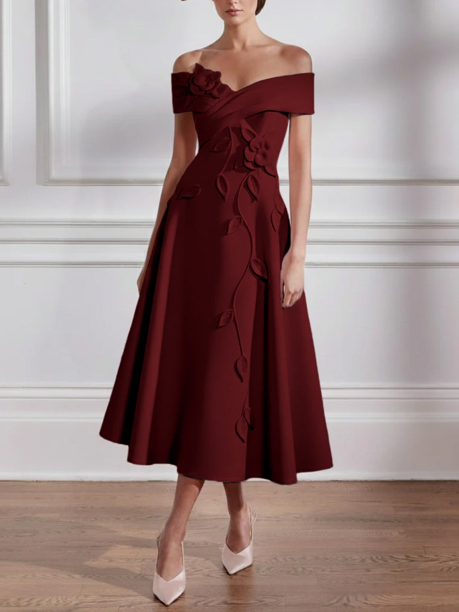 A Line Princess Off The Shoulder Stretch Satin Mother Of The Bride Dresses With 3D Flower Tea Length Floral Sleeveless