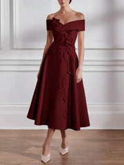 A Line Princess Off The Shoulder Stretch Satin Mother Of The Bride Dresses With 3D Flower Tea Length Floral Sleeveless