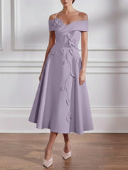 A-Line/Princess Off-the-shoulder Stretch Satin Mother of the Bride Dresses with 3D Flower Tea-Length Floral Sleeveless