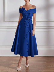 A-Line/Princess Off-the-shoulder Stretch Satin Mother of the Bride Dresses with 3D Flower Tea-Length Floral Sleeveless