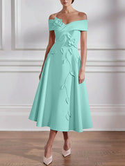 A-Line/Princess Off-the-shoulder Stretch Satin Mother of the Bride Dresses with 3D Flower Tea-Length Floral Sleeveless