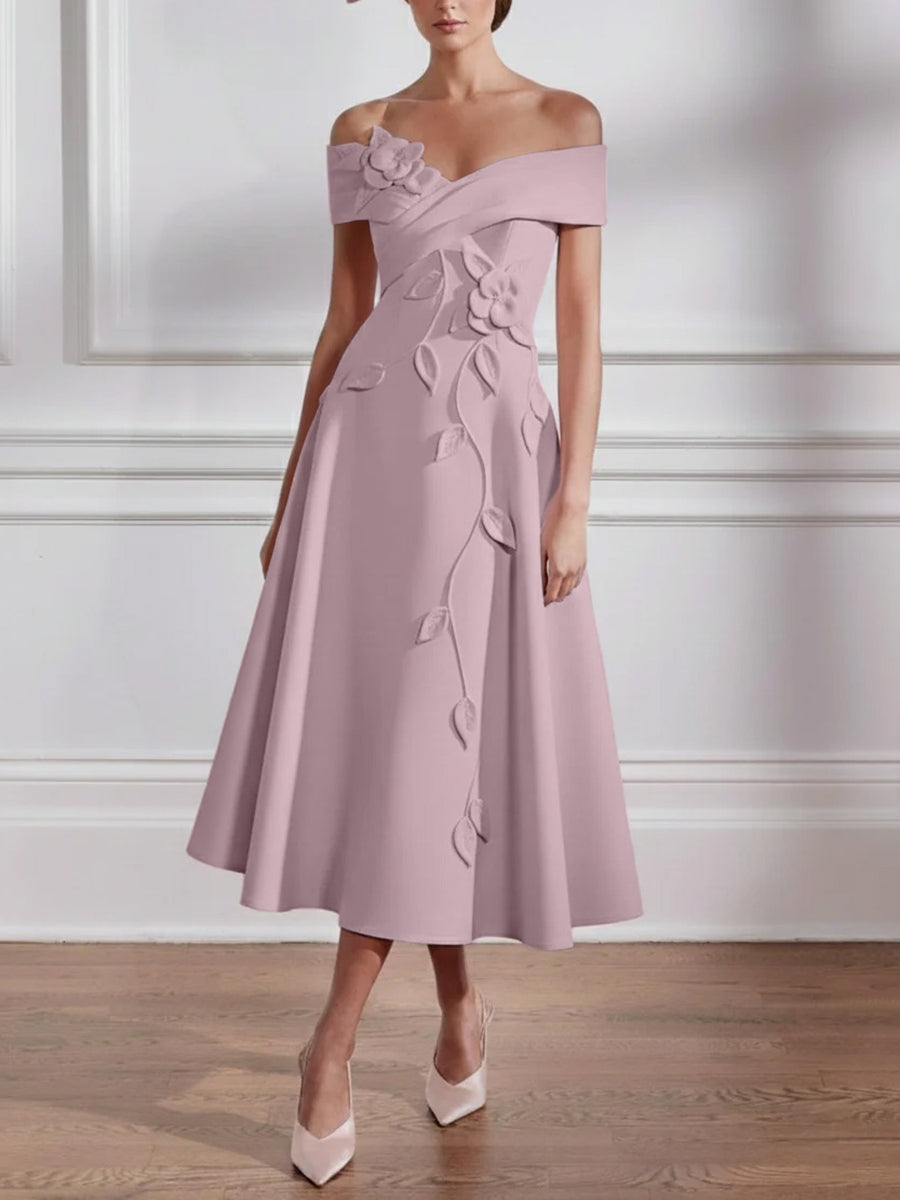 A Line Princess Off The Shoulder Stretch Satin Mother Of The Bride Dresses With 3D Flower Tea Length Floral Sleeveless