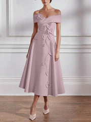 A Line Princess Off The Shoulder Stretch Satin Mother Of The Bride Dresses With 3D Flower Tea Length Floral Sleeveless