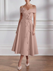 A-Line/Princess Off-the-shoulder Stretch Satin Mother of the Bride Dresses with 3D Flower Tea-Length Floral Sleeveless