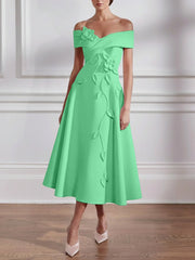 A Line Princess Off The Shoulder Stretch Satin Mother Of The Bride Dresses With 3D Flower Tea Length Floral Sleeveless