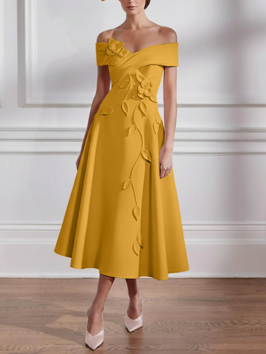 A Line Princess Off The Shoulder Stretch Satin Mother Of The Bride Dresses With 3D Flower Tea Length Floral Sleeveless