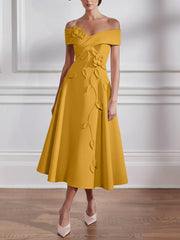 A Line Princess Off The Shoulder Stretch Satin Mother Of The Bride Dresses With 3D Flower Tea Length Floral Sleeveless