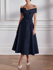 A-Line/Princess Off-the-shoulder Stretch Satin Mother of the Bride Dresses with 3D Flower Tea-Length Floral Sleeveless