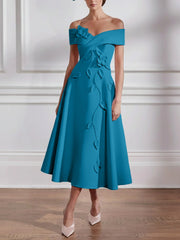 A-Line/Princess Off-the-shoulder Stretch Satin Mother of the Bride Dresses with 3D Flower Tea-Length Floral Sleeveless