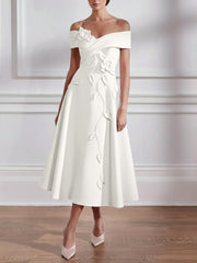 A Line Princess Off The Shoulder Stretch Satin Mother Of The Bride Dresses With 3D Flower Tea Length Floral Sleeveless