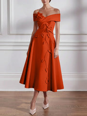 A Line Princess Off The Shoulder Stretch Satin Mother Of The Bride Dresses With 3D Flower Tea Length Floral Sleeveless