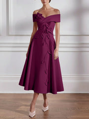 A Line Princess Off The Shoulder Stretch Satin Mother Of The Bride Dresses With 3D Flower Tea Length Floral Sleeveless