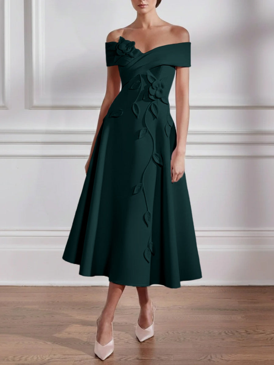 A Line Princess Off The Shoulder Stretch Satin Mother Of The Bride Dresses With 3D Flower Tea Length Floral Sleeveless