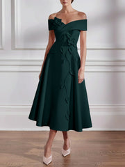 A Line Princess Off The Shoulder Stretch Satin Mother Of The Bride Dresses With 3D Flower Tea Length Floral Sleeveless