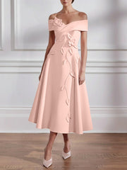 A-Line/Princess Off-the-shoulder Stretch Satin Mother of the Bride Dresses with 3D Flower Tea-Length Floral Sleeveless