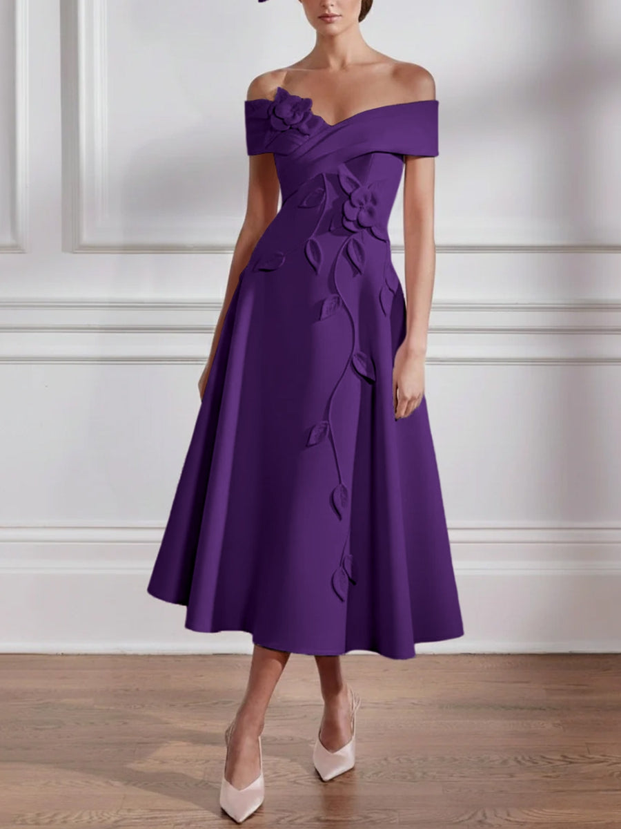 A Line Princess Off The Shoulder Stretch Satin Mother Of The Bride Dresses With 3D Flower Tea Length Floral Sleeveless