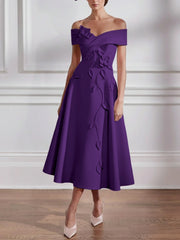A-Line/Princess Off-the-shoulder Stretch Satin Mother of the Bride Dresses with 3D Flower Tea-Length Floral Sleeveless