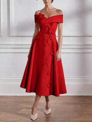 A Line Princess Off The Shoulder Stretch Satin Mother Of The Bride Dresses With 3D Flower Tea Length Floral Sleeveless