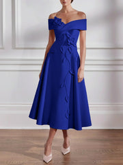 A Line Princess Off The Shoulder Stretch Satin Mother Of The Bride Dresses With 3D Flower Tea Length Floral Sleeveless