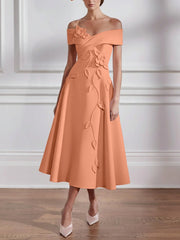 A Line Princess Off The Shoulder Stretch Satin Mother Of The Bride Dresses With 3D Flower Tea Length Floral Sleeveless