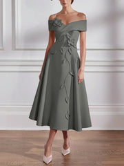 A Line Princess Off The Shoulder Stretch Satin Mother Of The Bride Dresses With 3D Flower Tea Length Floral Sleeveless