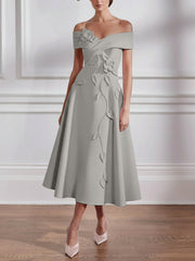 A Line Princess Off The Shoulder Stretch Satin Mother Of The Bride Dresses With 3D Flower Tea Length Floral Sleeveless