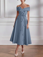 A-Line/Princess Off-the-shoulder Stretch Satin Mother of the Bride Dresses with 3D Flower Tea-Length Floral Sleeveless
