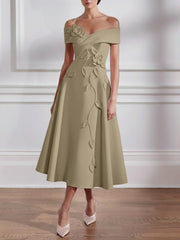 A Line Princess Off The Shoulder Stretch Satin Mother Of The Bride Dresses With 3D Flower Tea Length Floral Sleeveless