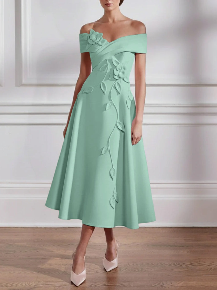 A Line Princess Off The Shoulder Stretch Satin Mother Of The Bride Dresses With 3D Flower Tea Length Floral Sleeveless