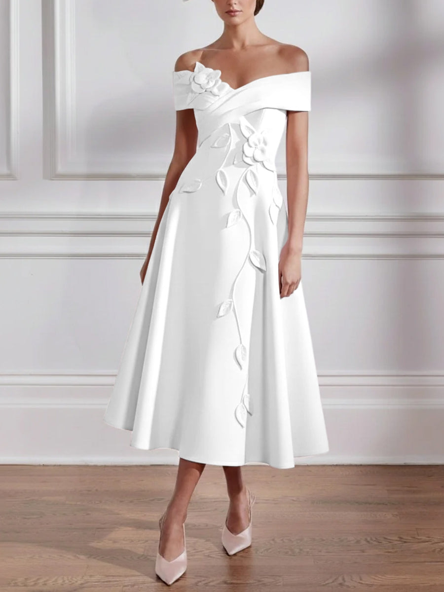 A Line Princess Off The Shoulder Stretch Satin Mother Of The Bride Dresses With 3D Flower Tea Length Floral Sleeveless