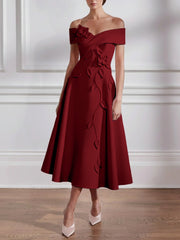 A Line Princess Off The Shoulder Stretch Satin Mother Of The Bride Dresses With 3D Flower Tea Length Floral Sleeveless