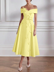 A Line Princess Off The Shoulder Stretch Satin Mother Of The Bride Dresses With 3D Flower Tea Length Floral Sleeveless