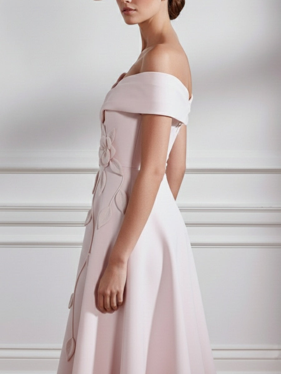 A Line Princess Off The Shoulder Stretch Satin Mother Of The Bride Dresses With 3D Flower Tea Length Floral Sleeveless
