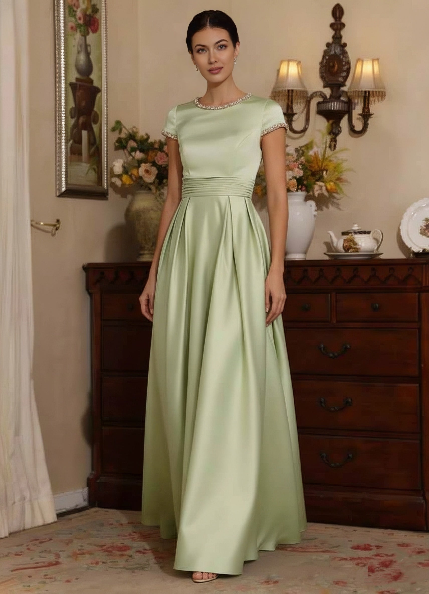 A Line Princess Silk Satin Jewel Neck Mother Ofthe Bride Dresses Floor Length Short Sleeves Rhinestone