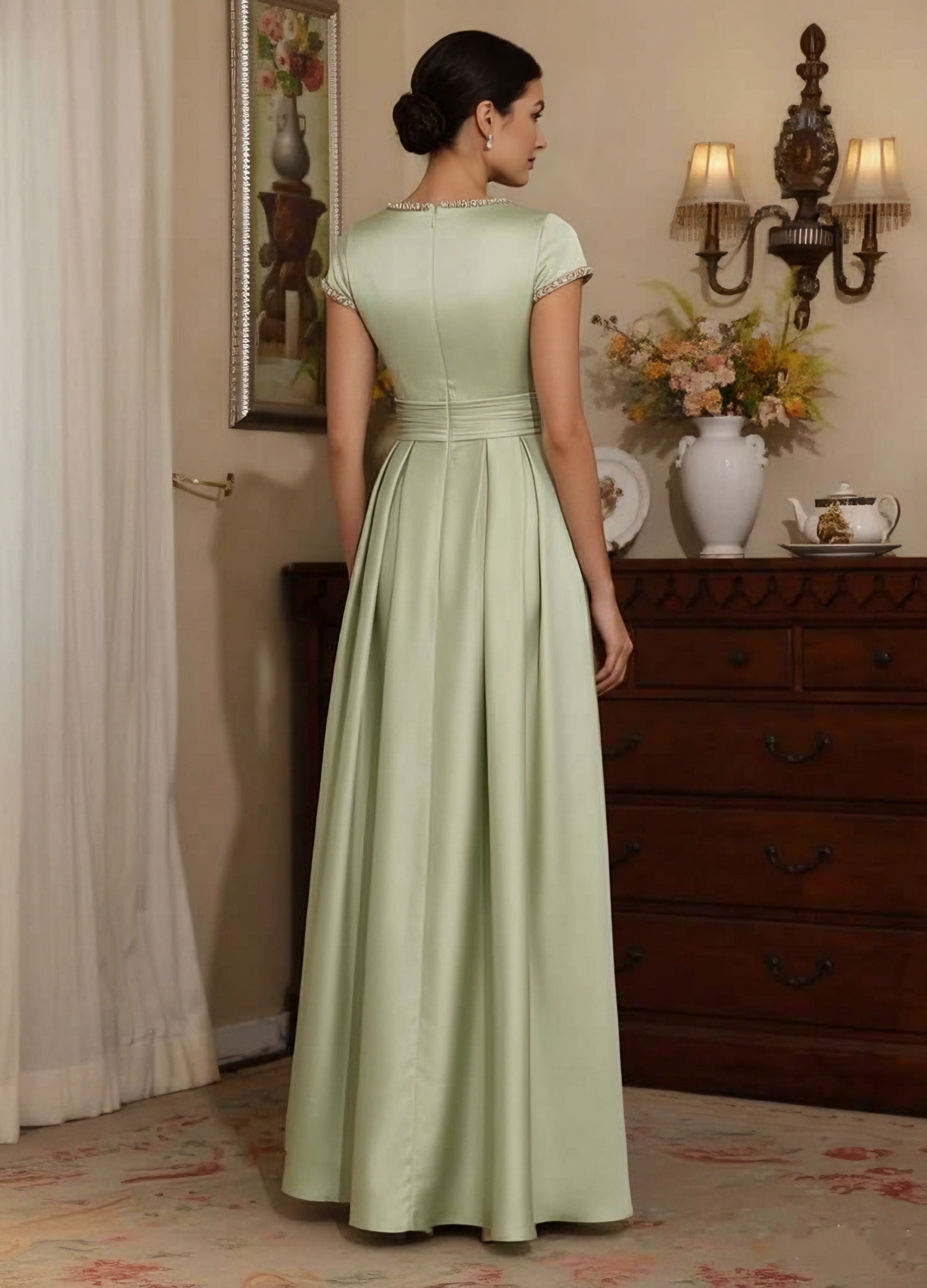 A Line Princess Silk Satin Jewel Neck Mother Ofthe Bride Dresses Floor Length Short Sleeves Rhinestone