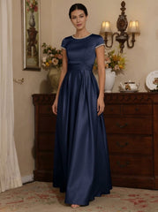 A Line Princess Silk Satin Jewel Neck Mother Ofthe Bride Dresses Floor Length Short Sleeves Rhinestone
