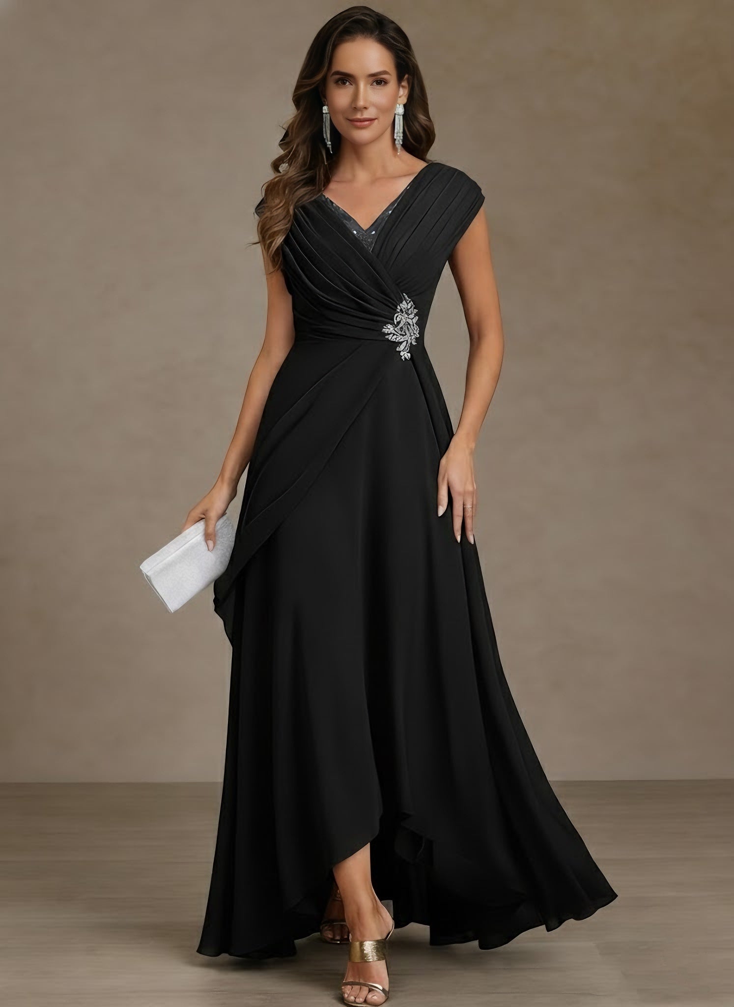 A Line Princess V Neck Chiffon Mother Of The Bride Dresses Asymmetrical Floor Length Sequins Ruched