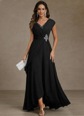 A Line Princess V Neck Chiffon Mother Of The Bride Dresses Asymmetrical Floor Length Sequins Ruched