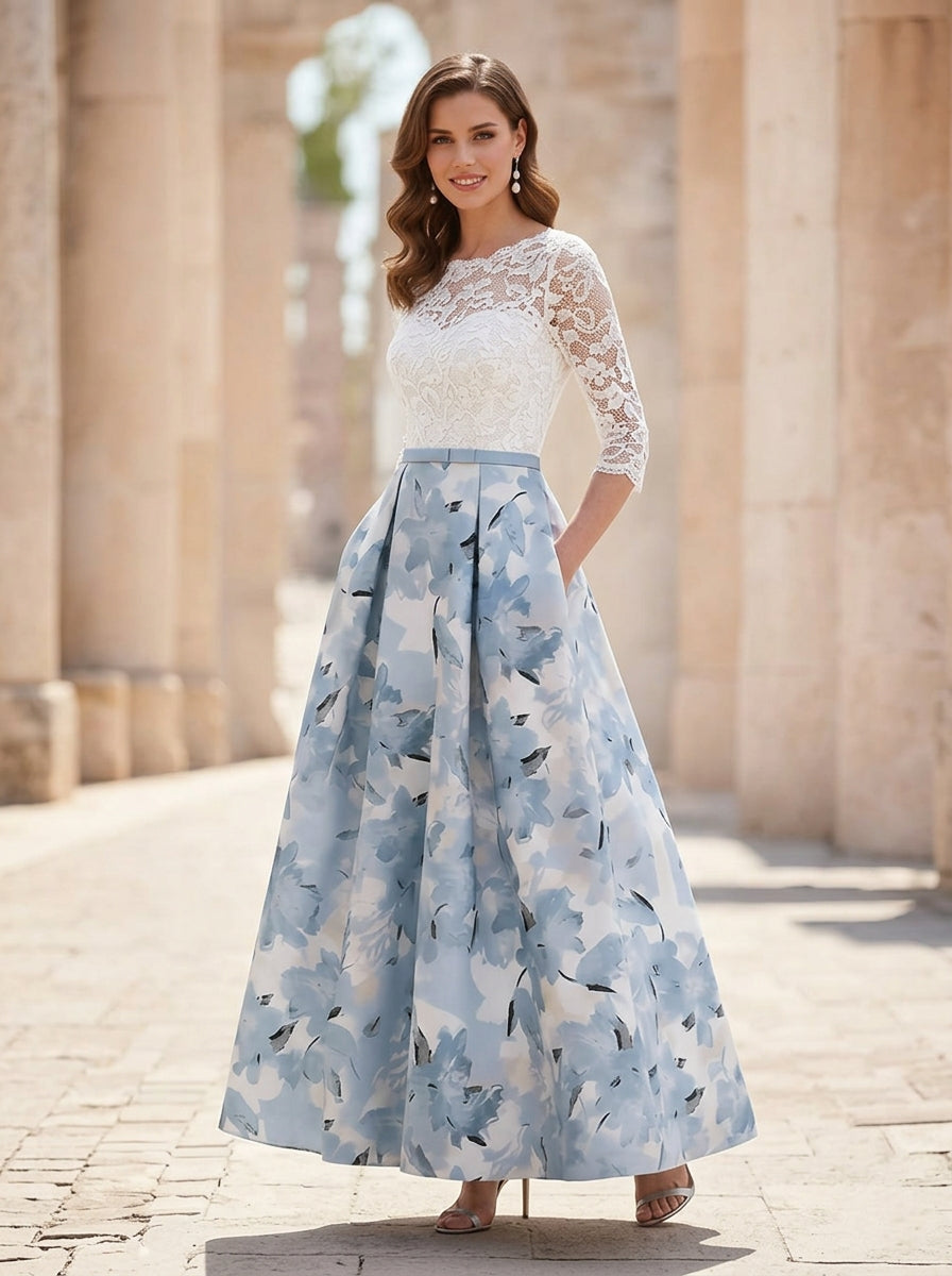 A Line Princess Scoop Satin Mother Of The Bride Dresses Lace Ankle Length Half Sleeves Printed Flower