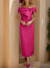 Sheath Column Off The Shoulder Satin Mother Of The Bride Dresses Sleeveless Tea Length With Bowknot